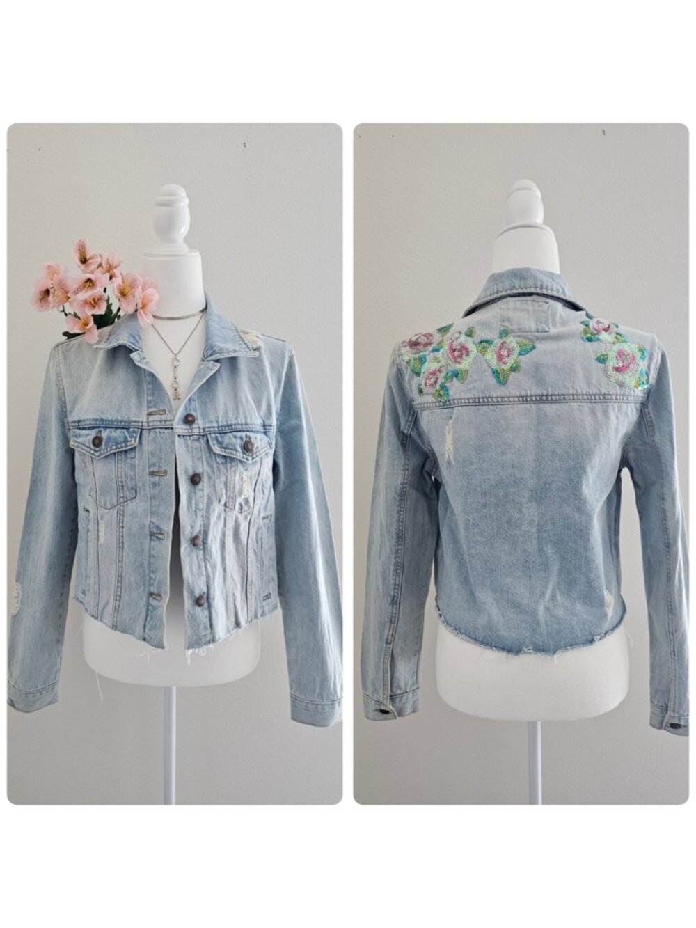Cropped Floral Sequin Denim Jacket Light Wash NWOT Size M
